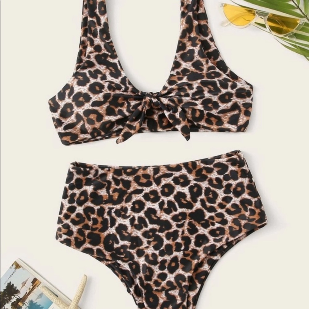 Leopard Knot High Waisted Bikini Swimsuit